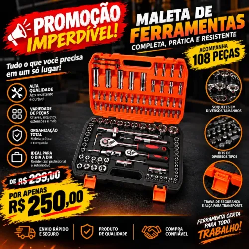 Maleta de Ferramentas Completa com Soquetes e Catracas - 108 peças