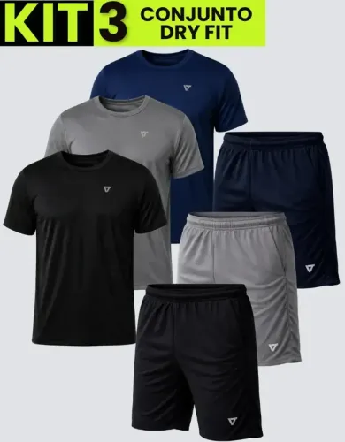 Kit Com 3 Conjuntos Academia Masculino Dry Fit Shorts + Camisa