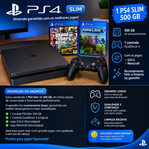 PS4 SLIM 500 GB + GTA V + MINECRAFT