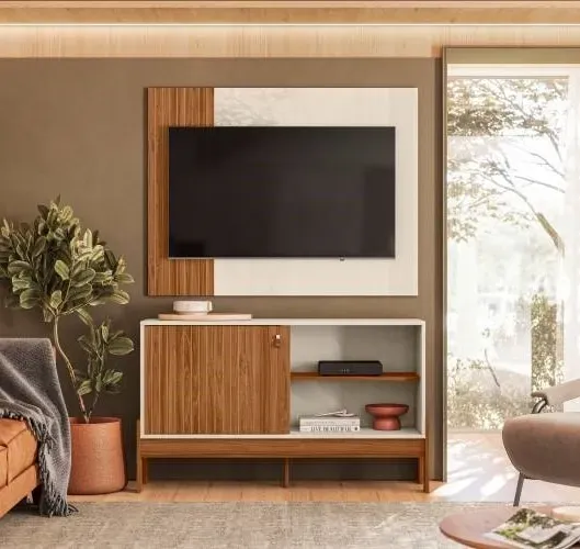 Conjunto Rack + painel Wood Cinamomo Mel-Off White - Entrega Rápida!