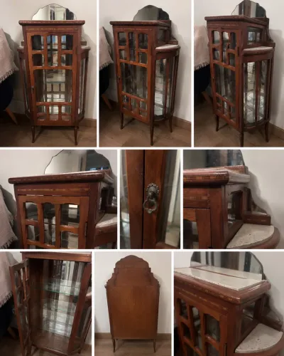 CRISTALEIRA ART NOUVEAU ANTIGA - MADEIRA NOBRE, MARCHETARIA E MÁRMORE | PERFEITO ESTADO