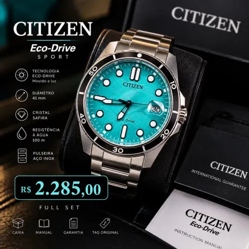 Citizen Eco-Drive Sport Safira 41mm Full Set NOVO