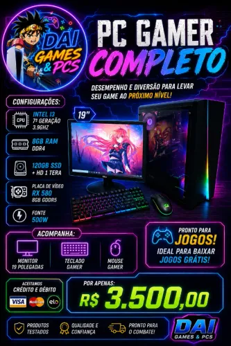 PC Gamer I3 + 8gb + RX 580 de 8gb + Tela