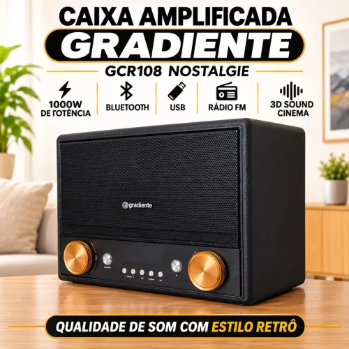 Caixa Amplificada Gradiente GCR108 Nostalgie Bluetooth, 1000W de Potência, USB, Rádio FM,