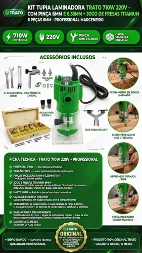 Conjunto com Tupia Laminadora 710W + Kit de Fresas 6 peças + Pinças 6mm e 6,35mm