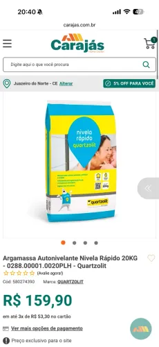 Argamassa autonivelante interno 20kg cinza. Nivela rápido quartzolit