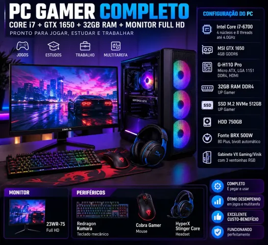 PC GAMER COMPLETO CORE i7 + GTX 1650 + 32GB RAM + MONITOR FULL HD