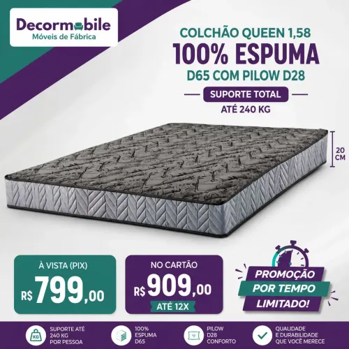Colchão Queen Espuma D80+D28 100% espuma 20 cm até 240 kg