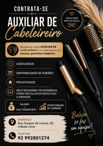 VAGA PARA AUXILIAR DE CABELEIREIRO 