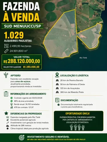 FAZENDA À VENDA 1.029 ALQUEIRES PAULISTAS | APTIDÃO PARA CANA-DE-AÇÚCAR | SUD MENNUCCI/SP