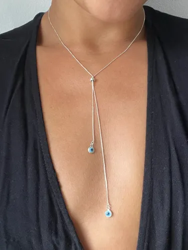 Colar prata 925 olho grego estilo gravatinha 
