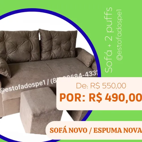 Sofá + 2 puffs em suede aveludado (1.75x0.70m) fixo