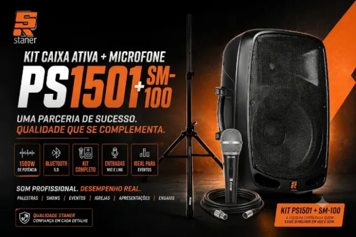 KIT SOM PROFISSIONAL CAIXA STANER 1501+ MICROFONE SOUNDVOICE SM-100