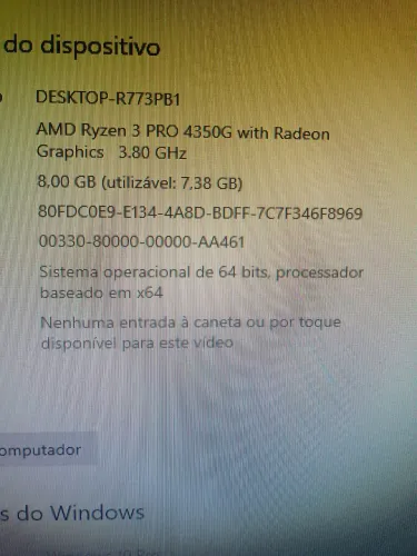 CPU Ryzen 3 PRO 4350G, 8 GB ram 3.200 GHz, SSD M2 256 GB .