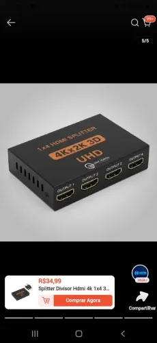 Splitter HDMI 1x4 4K UHD - 1 Entrada para 4 Saídas HDMI