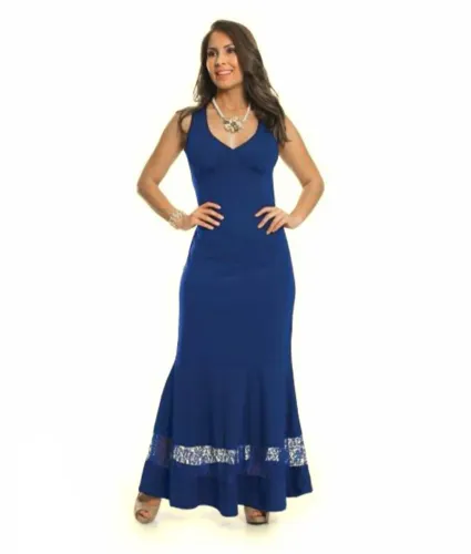 Vestido de festa longo azul com renda