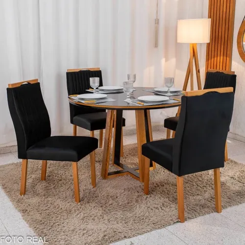 Mesa de Jantar Redonda 120cm Vidro Preto/Base Madeira + 4 Cadeiras LINDÍSSIMA rf554