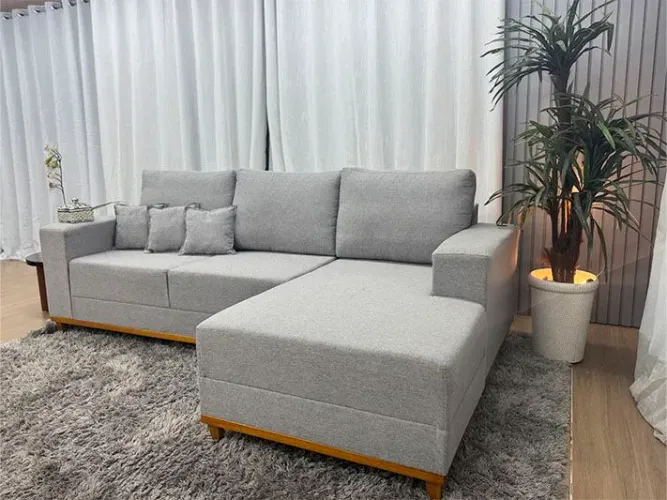 Sofá Fixo 3 Lugares com Chaise Linho Cinza