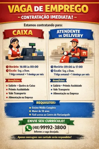 Contrata-se Caixa e Atendente de Delivery