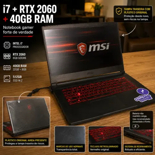 40Gb Memoria (32Gb + 8Gb) i7 RTX 2060 512Gb m2 Notebook MSI Gamer.