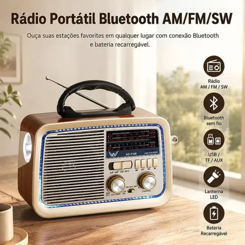 Rádio Portátil Retro Bluetooth AM/FM/SW com Lanterna LED