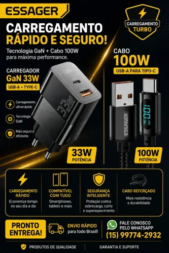 Carregador Celular Rápido Turbo Essager 33w +Cabo Sorocaba