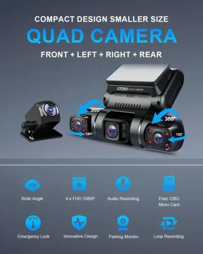 Dash Cam Pruveeo Com Visão De 360 Graus E 4 Canais Frontal/traseiro