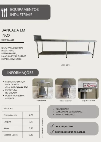 Bancada em Inox 304 - 2,70m | Cozinha Industrial