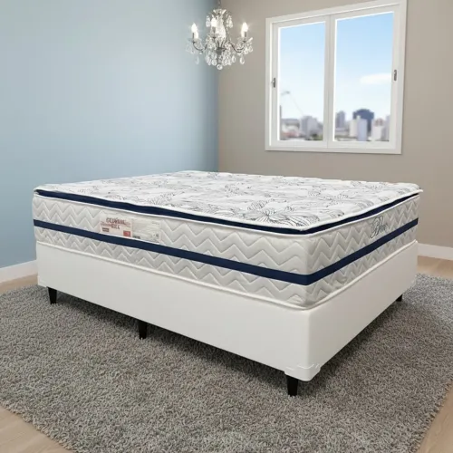 Colchão Casal Blue 32 cm HR33 Molas Ensacadas + Base Simples Corino Branco
