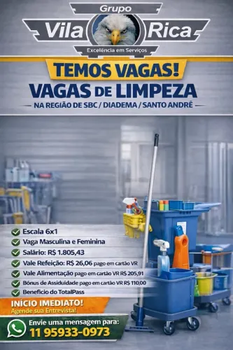 Vagas para Auxiliares de limpeza, região: Grande ABC