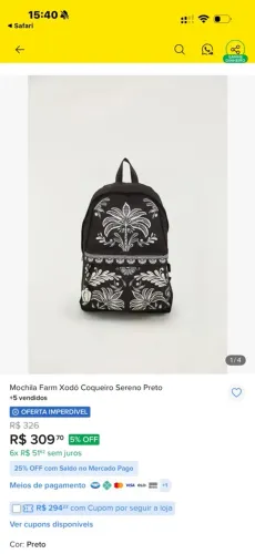 Mochila Farm Xodó Coqueiro Sereno Preta