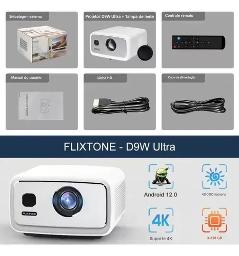 Projetor FlixTone D9W Ultra 40000 Lumens 4K 1080P Android