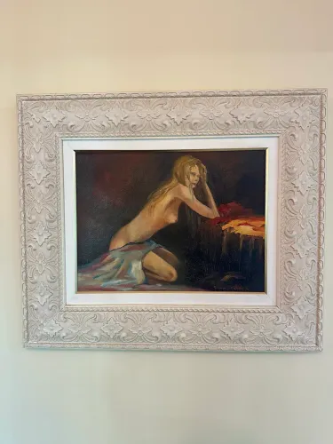 Tela vintage Mademoiselle (óleo sobre tela). Moldura larga em madeira entalhada