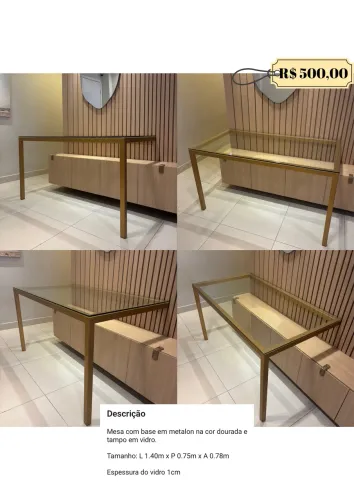 Mesa Metalon dourado e tampo Vidro 