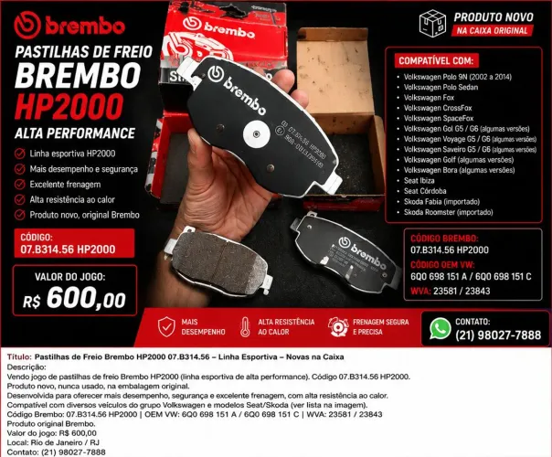 Pastilhas de Freio Brembo HP2000 07.B314.56 - Novas | Alta Performance