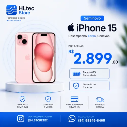 iPhone 15 128 GB, rose, seminovo sem marcas, bateria 85%.