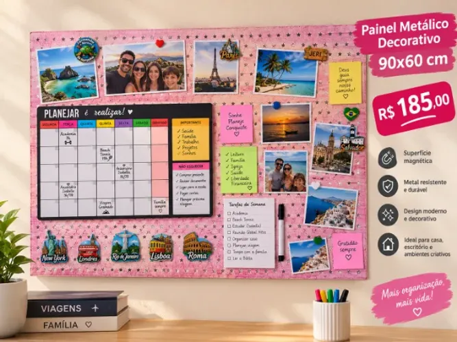 PAINEL METÁLICO DECORATIVO ROSA  90 x 60 cm