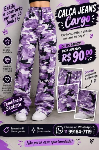 Calça Cargo Camuflada Roxa Feminina - Nova - Tam P (Forma Grande) - R$90. Estudo proposta