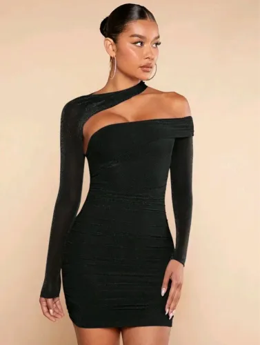 Vestido Bodycon Silquee de Gola Assimétrica com Glitter - SHEIN P