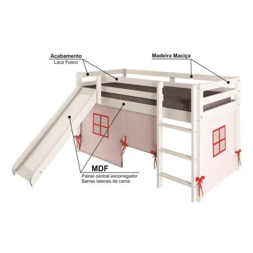 Cama Alta Kids com Escorregador e Tenda em Madeira Maciça/mdf