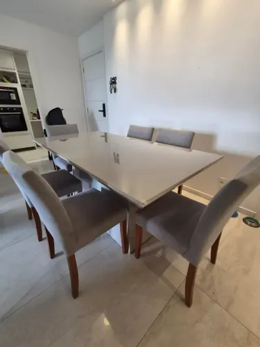 Mesa de jantar 6 lugares 190x80cm cinza + 6 cadeiras | madeira maciça