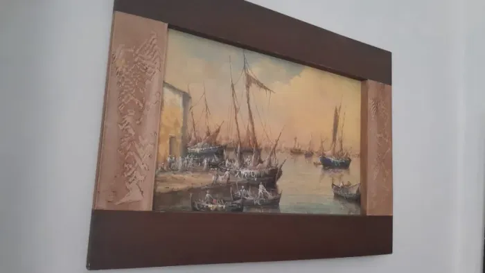 Quadro Antigo Óleo Sobre Tela Marinha Barcos Vintage 104x85cm Decoração