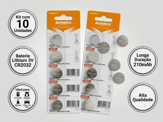 Kit 10 Baterias Bateria Moeda CR2032 3V Alfacell Para Controle Balanca Alarme