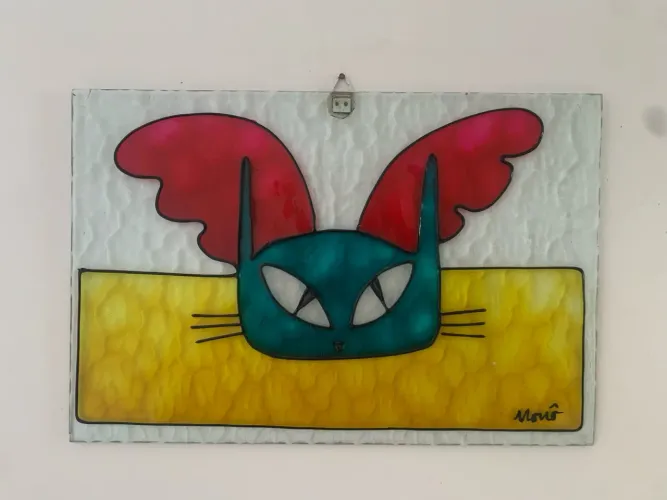 Lindo quadro de gato anjo em vidro pintado da artista Nonô