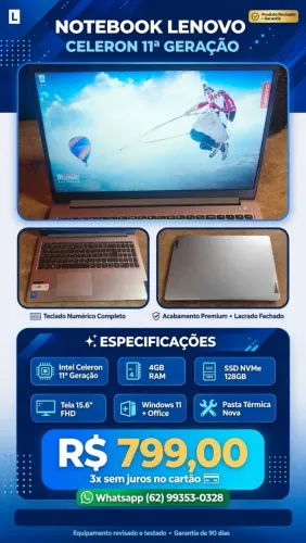 Notebook Lenovo Celeron 11°Gth/ SSD Nvme 128GB/ 4GB/
