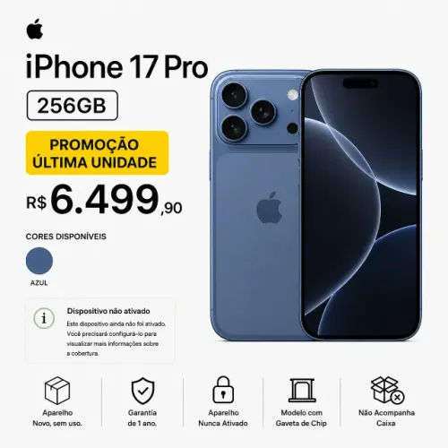 Apple Iphone 17 Pro 256GB 5G Azul Novo Sem Ativação 1 Ano de Garantia Open Box