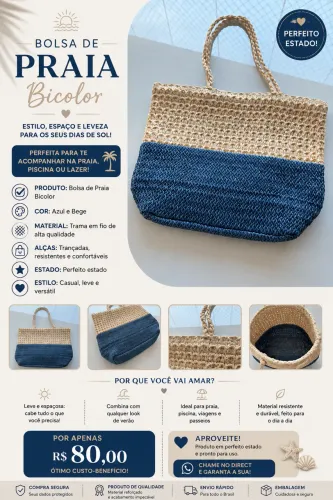 bolsa de Praia Grande bicolor azul e bege