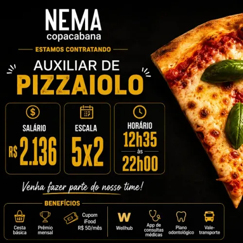Auxiliar de PIZZAIOLO com experiência anterior, para loja de pães e pizzas em Copacabana.