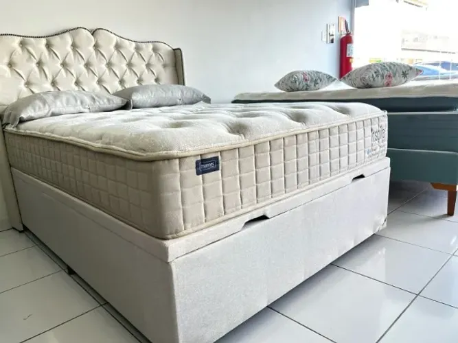 Cama Box Casal Baú Nova Colchão Marca Mannes Inspire Extra Conforto Até 150 Kg