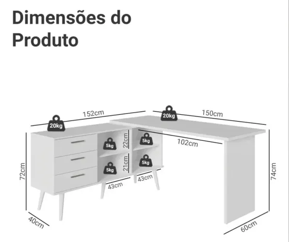 Mesa em de escritório em L grande